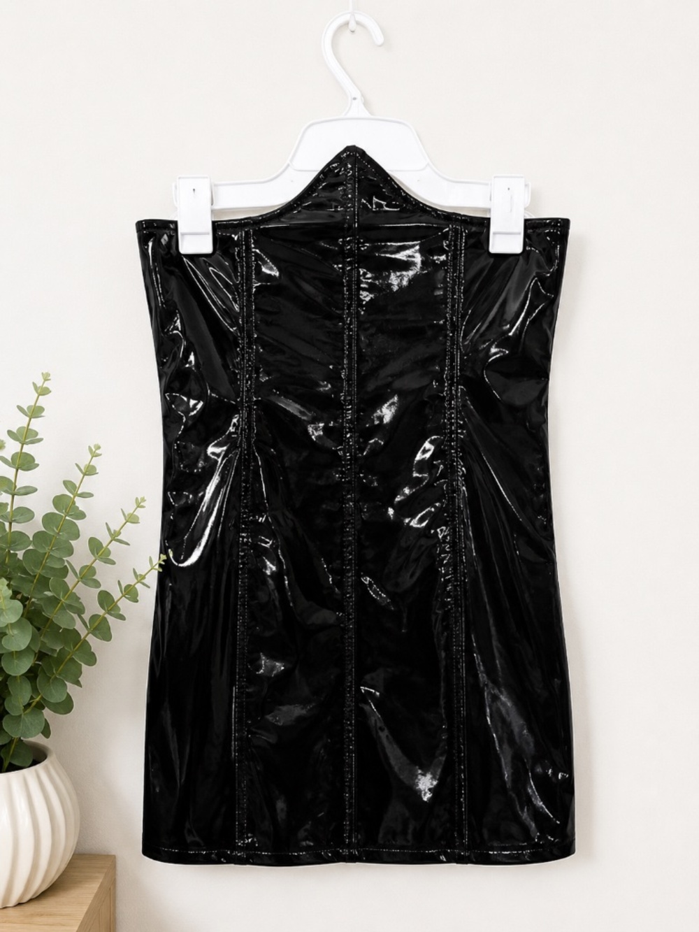 Black Patent Faux Leather Strapless Corset Bodycon Skirt